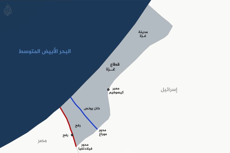 d985d8add988d8b1-d985d988d8b1d8a7d8ac-1743617069 "محور موراغ" باللون الأزرق هو المحور الذي يفصل خانيونس عن رفح