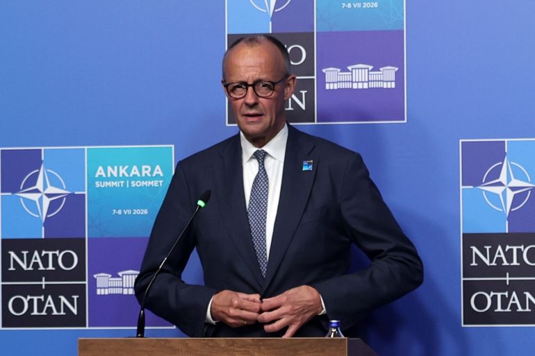 epa_6a4e794ae74d-1783527754 epa13098257 German Chancellor Friedrich Merz speaks during a press conference at the 2026 NATO Summit in Ankara, Turkey, 08 July 2026. The NATO Summit takes place from 07-08 July. EPA/NECATI SAVAS