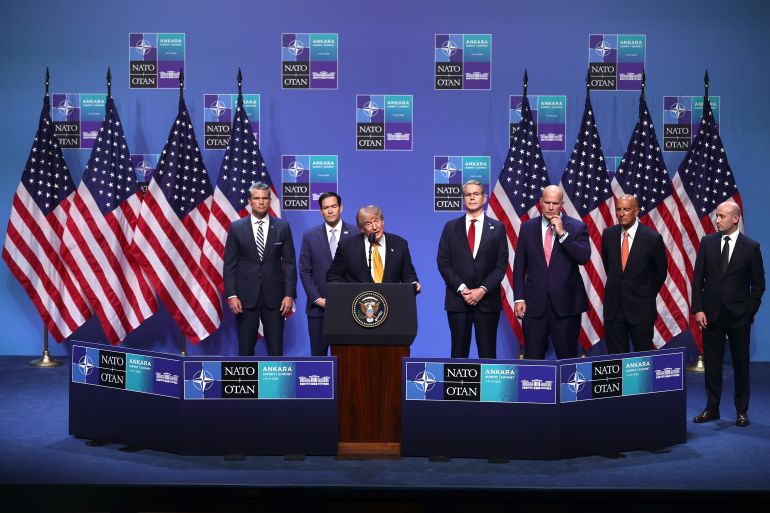 epa_6a5249336831-1783777587 epaselect epa13098606 US President Donald Trump (C) speaks during a press conference at the 2026 NATO summit in Ankara, Turkey, 08 July 2026. The NATO Summit takes place from 07-08 July. EPA/NECATI SAVAS