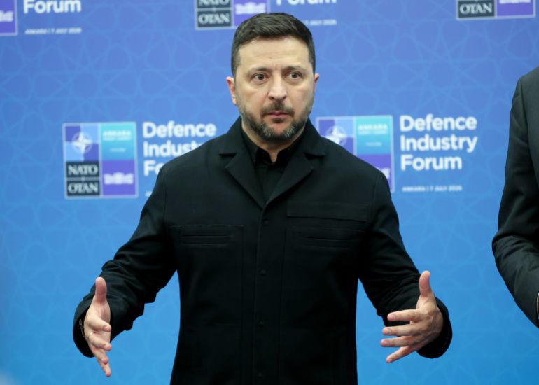 epa13094524 Ukrainian President Volodymyr Zelenskyy (L) attends a press conference with Secretary-General of NATO Mark Rutte (not pictured) at the NATO Defense Industry Forum in Ankara, Turkey, 07 July 2026. The summit will take place on 07–08 July, focusing on strengthening defense industrial production and securing long-term military aid for Ukraine. EPA/FILIP SINGER