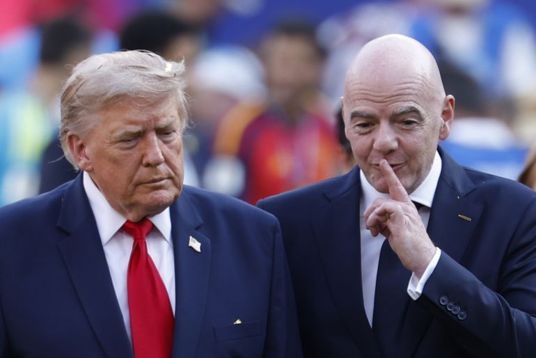 epa_6a5e01c4723e-1784545732-1 epaselect epa13121822 US president Donald Trump (L) and FIFA President Gianni Infantino (R) leave the field after the victory ceremony of the FIFA World Cup 2026 final match Spain against Argentina, in New Jersey, USA, 19 July 2026. EPA/SHAWN THEW