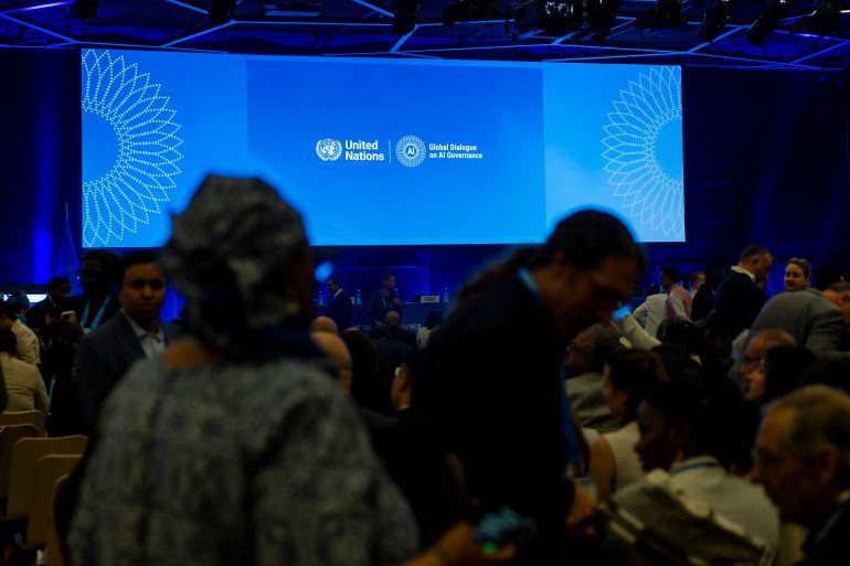 epa_6a60b9bee911-1784723902 epa13090671 Delegates arrive for the opening ceremony of the Global Dialogue on AI Governance at Palexpo in Geneva, Switzerland, 06 July 2026. The first session of the Global Dialogue on AI Governance is being held in Geneva on 06 and 07 July 2026. A second session will take place in New York in May 2027. EPA/SALVATORE DI NOLFI