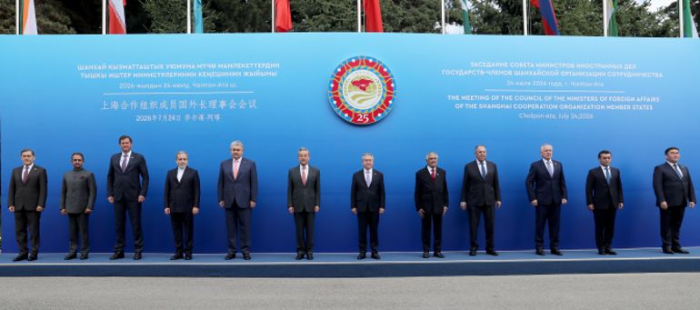 epa13129469 (L-R) SCO Secretary-General Nurlan Yermekbayev, India's External Affairs Minister Kirti Vardhan Singh, Belarus Foreign Minister Maxim Ryzhenkov, , Iran's Foreign Minister Araghchi Abbas, , Kazakhstan's Foreign Minister Yermek Kosherbayev, China's Foreign Minister Wang Yi, Kyrgyzstan's Foreign Minister Jeenbek Kulubayev, Pakistan's Foreign Minister Ishaq Dar, Russia's Foreign Minister Sergey Lavrov, Tajikistan's Foreign Minister Sirojiddin Mukhriddin, Uzbekistan's Foreign Minister Bakhtiyor Saidov, and Director of the SCO Regional Anti-Terrorism Structure Executive Committee Ularbek Sharsheyev pose for a family photo before a narrow-format meeting during the 25th Meeting of the Council of Foreign Ministers of the Shanghai Cooperation Organization (SCO) in Cholpon-Ata, Kyrgyzstan, 24 July 2026. EPA/IGOR KOVALENKO