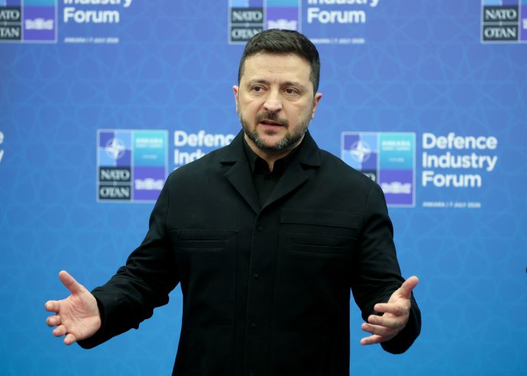 epa13094449 Ukrainian President Volodymyr Zelenskyy (L) attends a press conference with Secretary-General of NATO Mark Rutte (not pictured) at the NATO Defense Industry Forum in Ankara, Turkey, 07 July 2026. The summit will take place on 07–08 July, focusing on strengthening defense industrial production and securing long-term military aid for Ukraine. EPA/FILIP SINGER