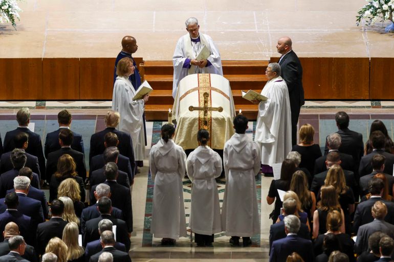 epa13138293 Guests stand for the recessional following the funeral services for US Senator from South Carolina Lindsey Graham at the Washington National Cathedral in Washington, DC USA, 28 July 2026. Lindsey Graham, Republican senator from South Carolina, died earlier this month following a brief illness at the age of 71. EPA/WILL OLIVER