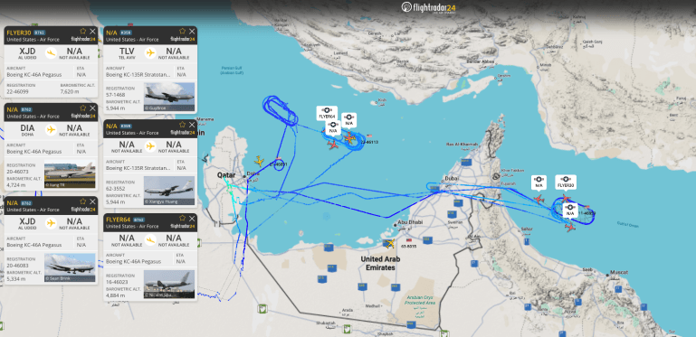 flayt-radar-1783506462 تحليق مكثف للطائرات الأمريكية تزامنا مع الهجوم على إيران 7 يوليو/ تموز الجاري (فلايت رادار).