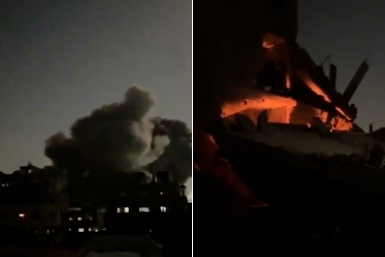 gadza-1785392613 اللحظات الأولى عقب استهداف طيران الاحتلال منزلًا يعود لعائلة القلقيلي في مخيم البريج وسط قطاع غزة. شبكة قدس الإخبارية