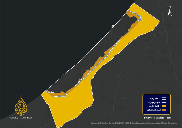 gaza-map-1-1785064854 امتداد سواتر ترابية داخل نطاقي الخط الأصفر والبرتقالي بطول قطاع غزة - تحديث 15 يوليو/تموز 2026 (الجزيرة-إيزري)