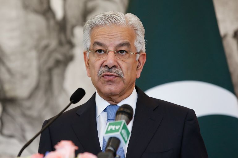 BEIJING, CHINA - SEPTEMBER 08: Pakistan Foreign Minister Khawaja Muhammad Asif speaks during a press conference with Chinese Foreign Minister Wang Yi (not pictured) at Diaoyutai State Guesthouse on September 8, 2017 in Beijing, China. (Photo by Lintao Zhang/Getty Images)
