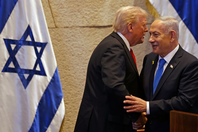 JERUSALEM - OCTOBER 13: U.S. President Donald Trump speaks with Israel's Prime Minister Benjamin Netanyahu in the Knesset, Israel's parliament, on October 13, 2025 in Jerusalem. President Trump is visiting the country hours after Hamas released the remaining Israeli hostages captured on Oct. 7, 2023, part of a US-brokered ceasefire deal to end the war in Gaza. (Photo by Jalaa Marey - Pool/Getty Images)
