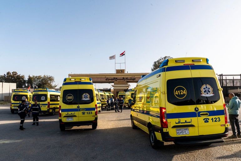 RAFAH, EGYPT - FEBRUARY 01: Ambulances stand at the border crossing on February 1, 2026 in Rafah, Egypt. It was announced on Friday that the Rafah border crossing between Egypt and Gaza will reopen on Monday, with Sunday being a trial day for testing the crossing's operational procedures. The crossing has been completely nearly 20 months and the reopening was part of the ceasefire dea between Israel and Palestine. (Photo by Ali Moustafa/Getty Images)