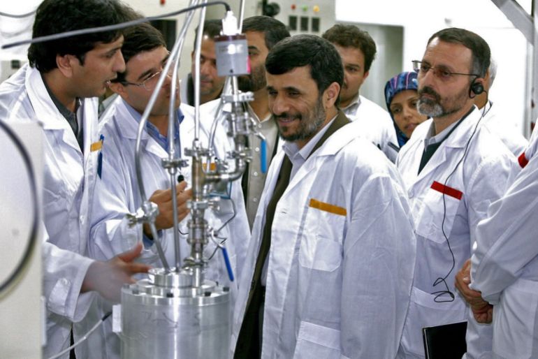 getty_699c0babb8-1771834283 TEHRAN, IRAN - APRIL 8: Iranian President Mahmoud Ahmadinejad (C) visits the Natanz uranium enrichment facilities April 8, 2008 200 miles (322 km) south of the Tehran, Iran. Ahmadinejad announced on Iranian state television during the visit that Iran has begun the installation of some 6,000 new centrifuges, adding to to the 3,000 centrifuges already at the facility. (Photo by the Office of the Presidency of the Islamic Republic of Iran via Getty Images)