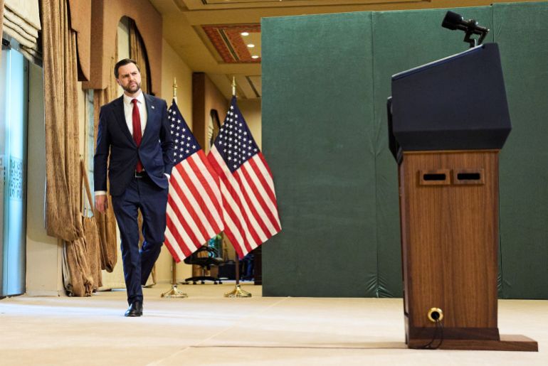 ISLAMABAD, PAKISTAN - APRIL 12: U.S. Vice President JD Vance arrives for a news conference after a meeting with representatives from Pakistan and Iran on April 12, 2026 in Islamabad, Pakistan. The proposed meeting marks a rare direct engagement between senior U.S. and Iranian officials, as Washington and Tehran seek to advance stalled negotiations over Iran's nuclear program with Pakistan serving as neutral ground amid persistent tensions between the two countries. (Photo by Jacquelyn Martin - Pool/Getty Images)
