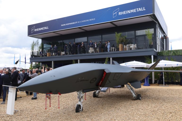 getty_6a4a5cf04f-1783258352 SCHOENEFELD, GERMANY - JUNE 10: A Boeing MQ-28 Ghost Bat drone stands at the Rheinmetall stand at the 2026 ILA Berlin Air Show On its opening day on June 10, 2026 in Schoenefeld, Germany. This year's ILA has a heavy emphasis on defence and drone technology and the integration of artificial intelligence. (Photo by Sean Gallup/Getty Images)