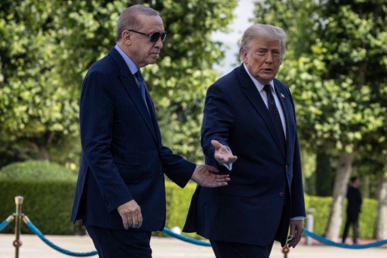 getty_6a4d2fed4e-1783443437 ANKARA, TURKEY - JULY 07: U.S. President Donald Trump (R) and Turkish President Recep Tayyip Erdogan arrive to review the Honor Guard during a state arrival ceremony at the Bestepe Presidential Complex for the annual NATO Summit on July 07, 2026 in Ankara, Turkey. Leaders from NATO's 32 countries, plus NATO allies like Ukraine, gathered in the Turkish capital to discuss a range of issues involving spending targets, defense industrial production, and support for Ukraine, among other topics. (Photo by Chris McGrath/Getty Images)