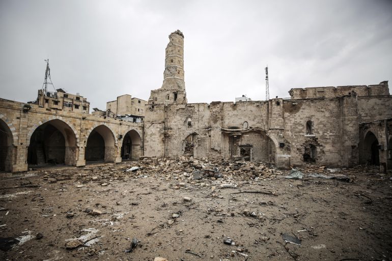 GAZA CITY, GAZA - JANUARY 27: A view of the destroyed Great Mosque of Omar, also known as Great Mosque of Gaza, after the Israeli attacks started on Oct. 7 in Gaza City, Gaza on January 27, 2024. 'Great Mosque of Omar', with architectural features from both the Mamluk and Ottoman periods, is the third largest mosque in Gaza. The minaret of the mosque is also destroyed after the attacks. Israeli forces withdrew from some parts of Gaza City after launching a ground invasion of the Gaza Strip. Roads, asphalts, buildings and many historical places turned into rubbles in the city due to Israeli attacks. (Photo by Ali Jadallah/Anadolu via Getty Images)