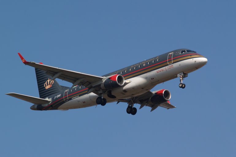 Borispol, Ukraine - March 23, 2014: Royal Jordanian Embraer ERJ-175LR aircraft on final approach to Borispol International Airport
