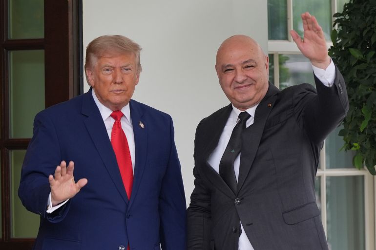 pic-6546553-1784647122 President Donald Trump greets Lebanon's President Joseph Aoun on his arrival at the White House, Tuesday, July 21, 2026, in Washington. (AP Photo/Julia Demaree Nikhinson)