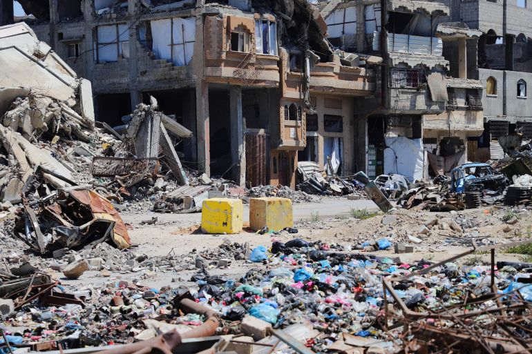 Yellow concrete blocks mark the “yellow zone”under Israeli military control, as seen from Al-Tuffah in Gaza City, June 15, 2026. REUTERS/Ebrahim Hajjaj