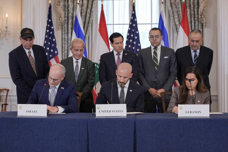 reuters_6a44b9cc-1782888908 FILE PHOTO: U.S. Secretary of State Marco Rubio looks on as State Department Counselor Daniel Holler, Israel's Ambassador to the U.S. Yechiel Leiter and Lebanon's Ambassador to the U.S. Nada Hamadeh sign a framework agreement between Israel and Lebanon, at the State Department in Washington, D.C., U.S., June 26, 2026. REUTERS/Ken Cedeno/File Photo