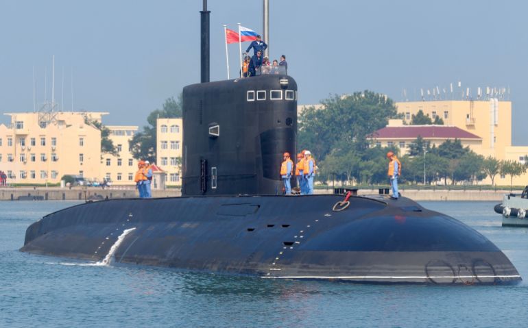 Russian Navy Kilo-class submarine Ufa arrives at a military port ahead of the "Joint Sea-2026" joint naval exercise between the Chinese and Russian navies in Qingdao, Shandong province, China, July 5, 2026. cnsphoto via REUTERS ATTENTION EDITORS - THIS IMAGE WAS PROVIDED BY A THIRD PARTY. CHINA OUT. NO COMMERCIAL OR EDITORIAL SALES IN CHINA