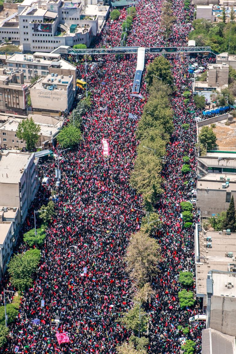 People attend a funeral procession for Iran's late Supreme Leader Ayatollah Ali Khamenei, who was killed on February 28 in Israeli and U.S. airstrikes, in Tehran, Iran July 6, 2026. Office of the Iranian Supreme Leader/ Handout via REUTERS ATTENTION EDITORS - THIS PICTURE WAS PROVIDED BY A THIRD PARTY. ISRAEL OUT. NO COMMERCIAL OR EDITORIAL SALES IN ISRAEL. NO ACCESS FOR ISRAELI MEDIA. NO USE BBC PERSIAN. NO USE VOA PERSIAN. NO USE MANOTO. NO USE IRAN INTERNATIONAL. NO USE RADIO FARDA. DIGITAL: NO USE BBC PERSIAN. NO USE VOA PERSIAN. NO USE MANOTO. NO USE IRAN INTERNATIONAL. NO USE RADIO FARDA. WATERMARK FROM SOURCE.