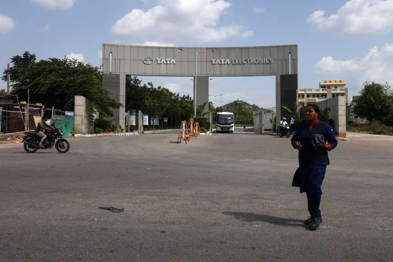 reuters_6a55f233-1784017459 The entrance to the Tata Electronics components factory for Apple's iPhone in southern India, Hosur, Tamil Nadu, India, June 15, 2026. REUTERS/Priyanshu Singh
