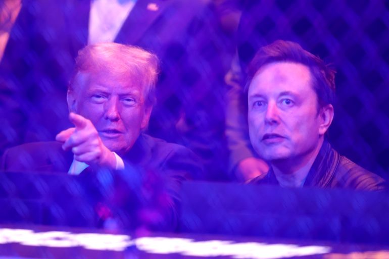 reuters_6a57cdce-1784139214 Nov 16, 2024; New York, NY, USA; President-elect Donald Trump (left) sits ringside with South African businessman Elon Musk during UFC 309 at Madison Square Garden. Mandatory Credit: Brad Penner-Imagn Images