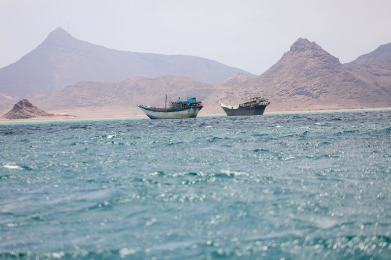 FILE PHOTO: Boats float near the coast of Bab el-Mandeb, Yemen April 2, 2026. REUTERS/File Photo