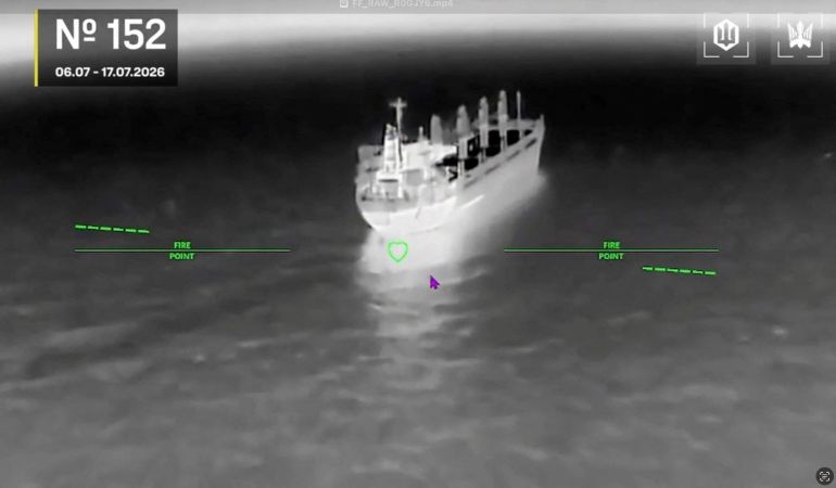 reuters_6a5ac0d8-1784332504 Ukraine’s UAVs hit targets at a location given as Black Sea, in a screengrab taken from a handout video released July 17, 2026. Commander of Unmanned Aerial Systems Force/Handout via REUTERS THIS IMAGE HAS BEEN SUPPLIED BY A THIRD PARTY. MANDATORY CREDIT. OVERLAYS FROM SOURCE. VERIFICATION: - Exact location and date not verified - No older versions of the video were found posted online before July 17