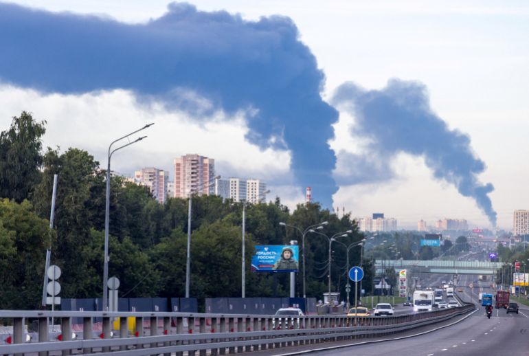 reuters_6a5e065e-1784546910 Smoke billows after Ukrainian drone attacks, according to the local authorities, in the course of the Russia-Ukraine conflict, in Podolsk, Moscow Region, Russia, July 20, 2026. REUTERS/Stringer TPX IMAGES OF THE DAY
