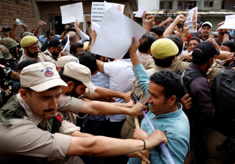 Supporters of India’s main opposition Congress party are stopped by police during a protest demanding accountability for police action against students, days after thousands of protesters marched toward parliament demanding the resignation of Education Minister Dharmendra Pradhan over National Eligibility cum Entrance Test (NEET) examination paper leaks in New Delhi, in Srinagar, Indian Kashmir, July 24, 2026. REUTERS/Sharafat Ali