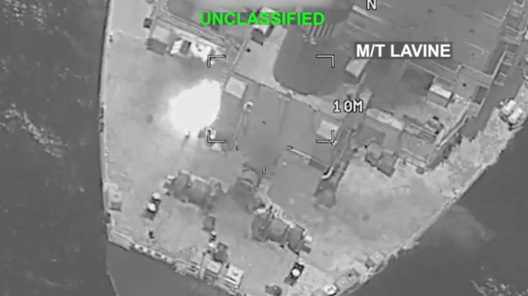 A bright flash is visible on the deck of the Mozambique-flagged tanker M/T Lavine in a location given as the Gulf of Oman in this screengrab obtained from a video released by U.S. Central Command (CENTCOM) on July 25, 2026. The U.S. military said CENTCOM forces disabled the vessel on July 24. U.S. Central Command/Handout via REUTERS THIS IMAGE HAS BEEN SUPPLIED BY A THIRD PARTY. OVERLAYS FROM SOURCE. VERIFICATION: - Reuters could not verify the location or date when the video was recorded. - No older versions of the footage were found posted online before July 25. - The identity of one of the ships was confirmed as Charminar by its shape and colours, which matched archive images. - The identity of the other vessel seen at the end of the video could not be verified.