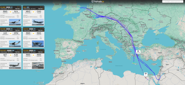 route-1-1784642230 مسارات لعدد من الطائرات العسكرية الأميركية نحو الشرق الأوسط بين 18 و21 يوليو/تموز الجاري (فلايت رادار)