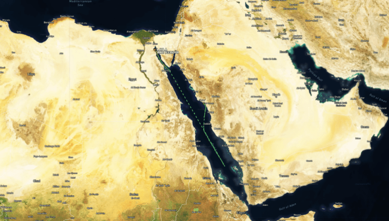 route-1-1785314686 مسار الناقلة منذ مغادرتها ينبع حتى وصولها قبالة ميناء السخنة 29 يوليو/تموز (مارين ترافيك)