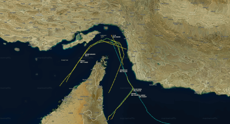 routes-1785416926 مسارات السفن في مضيق هرمز منذ منتصف ليل 30 يوليو/تموز (مارين ترافيك)