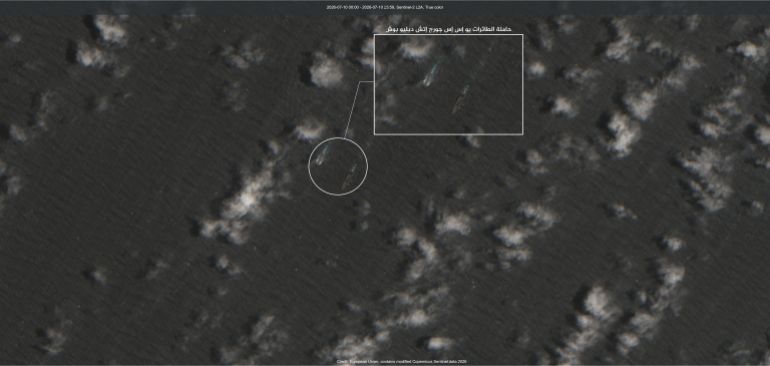 sentinel-1783845257 حاملة الطائرات جورج اتش دبليو بوش ترافقها قطعة بحرية 10 يوليو/تموز الجاري (سنتينال-الجزيرة).