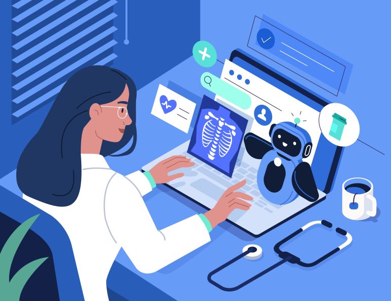 shutterstock_2544382035-1770798276 Doctor work with artificial intelligence and check patients electronic health record. Ai medical technology, healthcare innovation concept. Flat isometric vector illustration.