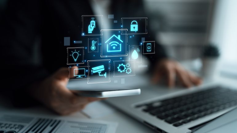 Concept of a smart home and the Internet of Things (IoT). A central system controls home automation features like security, lighting, and climate for modern, convenient living. Parse