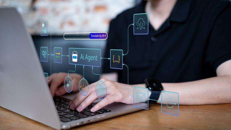 shutterstock_2739048091-1777762923 Person using AI agent workflow automation system technology innovation data analysis information network process algorithm dashboard application coding integration, business management concept