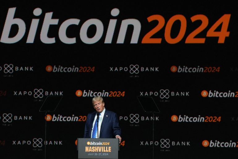teump1-1731400593 Republican presidential nominee and former U.S. President Donald Trump speaks at the Bitcoin 2024 event in Nashville, Tennessee, U.S., July 27, 2024. REUTERS/Kevin Wurm
