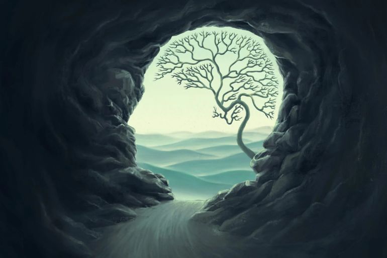 Tree brain with human head cape, idea concept of thinking hope freedom and mind , surreal artwork, dream art