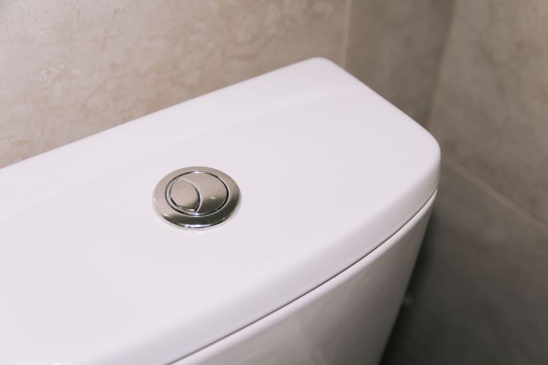 107014568-9562388-1786268561 Close-up of a modern dual flush toilet with a chrome button, highlighting clean and contemporary design.
