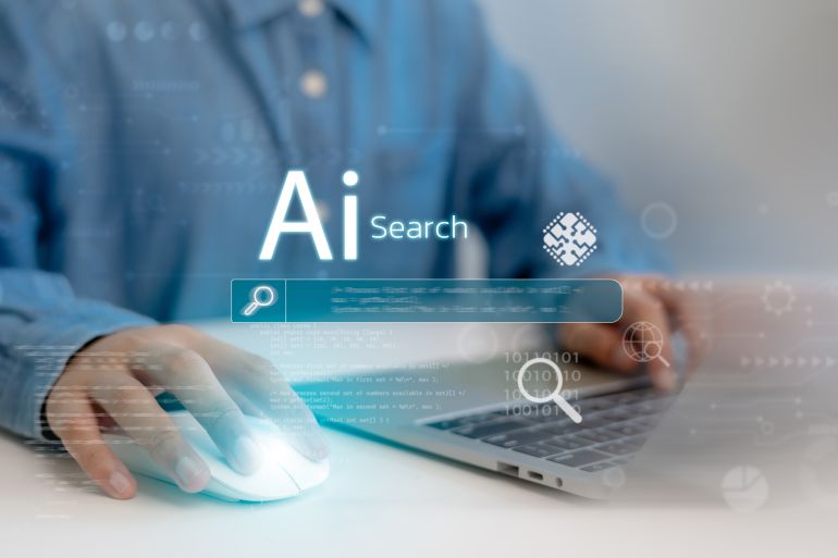 10sfht-acabflam-1782107149 Ai search tech concept, Person use laptop with AI search engine bar for data search optimization by artificial intelligence technology.
