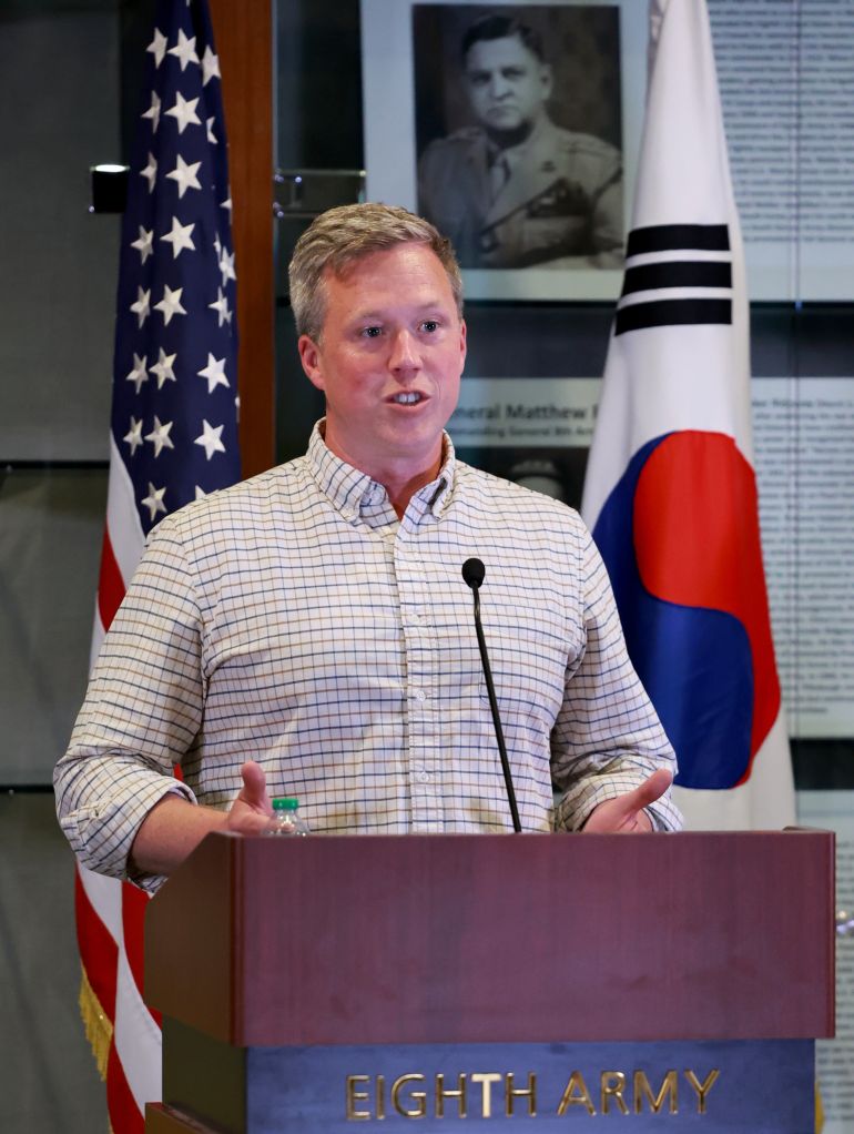 13394027-1787686152 epa12422819 US Army Secretary Daniel Driscoll speaks in a press conference at US Camp Humphreys in Pyeongtaek, South Korea, 01 October 2025 (issued 02 October 2025). EPA/YONHAP SOUTH KOREA OUT