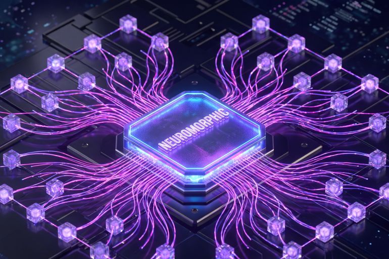 1neuromorphic-computing-1787478713 Neuromorphic processor chip featuring glowing purple fiber optic adobe stock