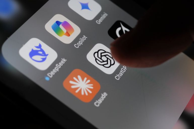 3chat-1784015998 London, UK - 05 03 2025: Apple iPhone screen with Artificial Intelligence icons internet AI app application ChatGPT, DeepSeek, Gemini, Copilot, Grok, Claude, etc.