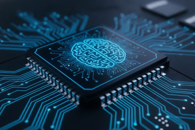 3neuromorphic-computing-1787478722 A close-up view of a high-tech microchip with a glowing neural network symbolizing artificial intelligence and advanced computing technology on a dark circuit board background. adobe stock