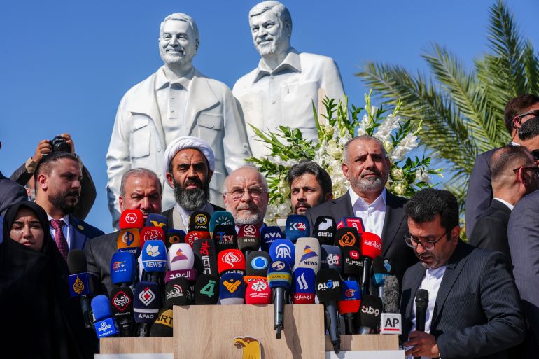 42245199-1787125612 Ghalibaf visits Qasem Soleimani monument at Baghdad Airport during official Iraq visit- - BAGHDAD, IRAQ - AUGUST 19: Iranian Parliament Speaker Mohammad Bagher Ghalibaf speaks to press as he visits the memorial site of Qasem Soleimani, the former commander of the Islamic Revolutionary Guard Corps (IRGC) Quds Force, at Baghdad International Airport during his official visit to Baghdad, Iraq, on August 19, 2026. (وكالة الأناضول)