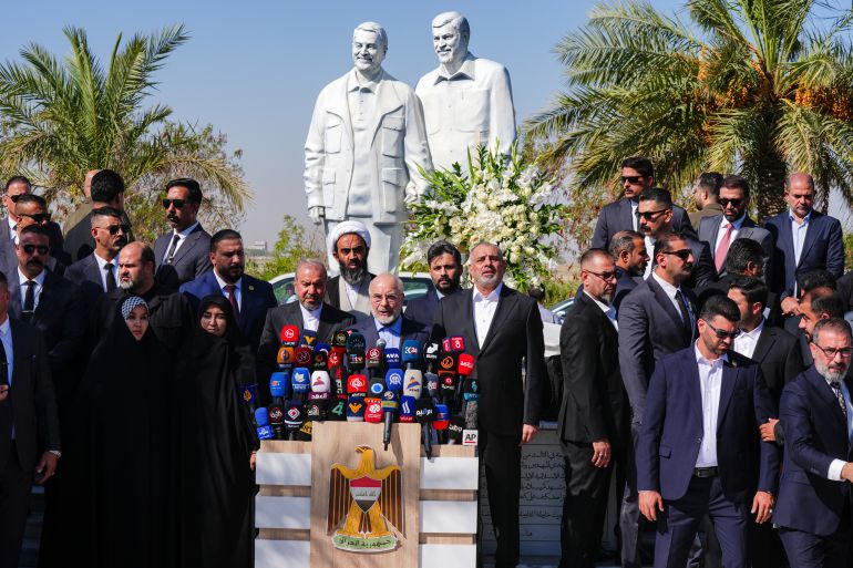 42245201-1787125972 Ghalibaf visits Qasem Soleimani monument at Baghdad Airport during official Iraq visit- - BAGHDAD, IRAQ - AUGUST 19: Iranian Parliament Speaker Mohammad Bagher Ghalibaf speaks to press as he visits the memorial site of Qasem Soleimani, the former commander of the Islamic Revolutionary Guard Corps (IRGC) Quds Force, at Baghdad International Airport during his official visit to Baghdad, Iraq, on August 19, 2026.